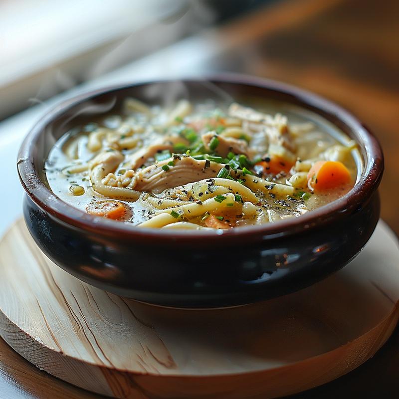 A close-up view of chicken noodle soup in a bowl with steam rising.