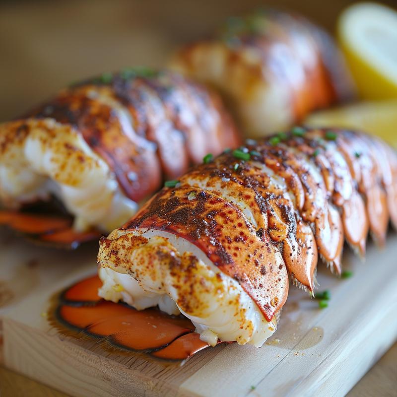 Close-up of baked lobster tails on a light wood board.