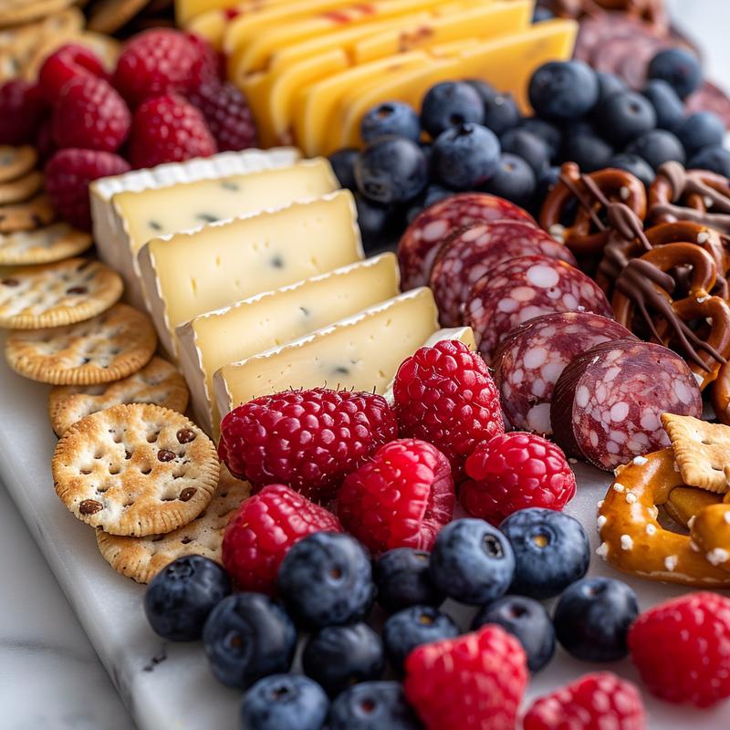 Close-up of a Valentine's charcuterie board with cheeses, meats, berries, and chocolate pretzels.