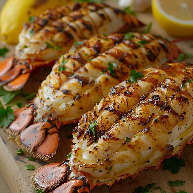 Close-up of lemon-garlic basted grilled lobster tails on a wood board.