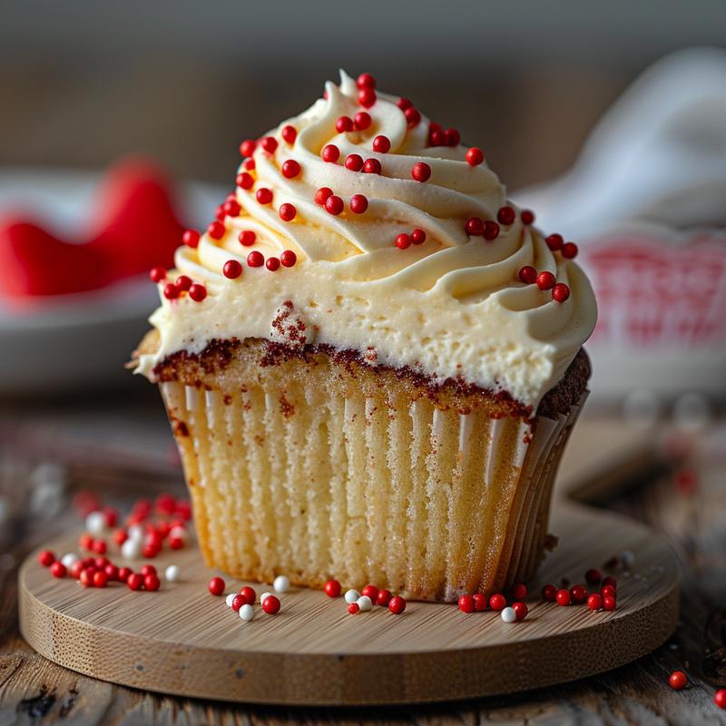 Close-up of a slice of Valentine's cupcake on a wooden board.
