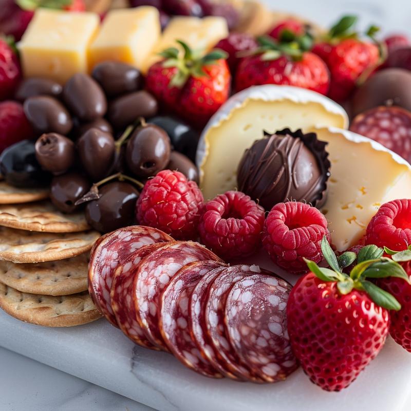 Close-up of a Valentine's charcuterie board with cheese, meats, fruit, and chocolate strawberries on white marble.