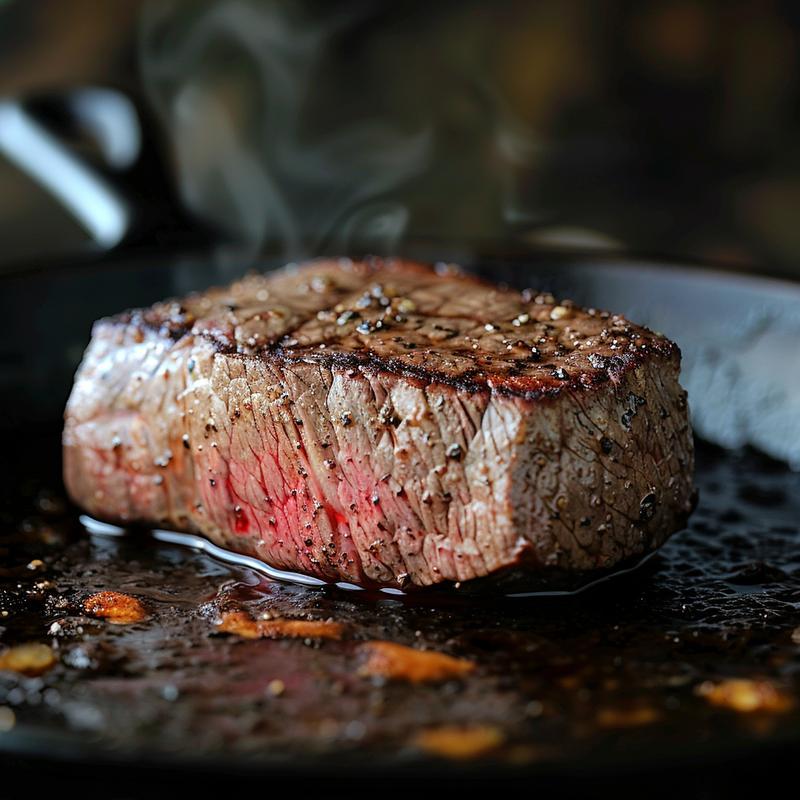 Close-up of a perfectly cooked filet mignon on a cast iron surface.
