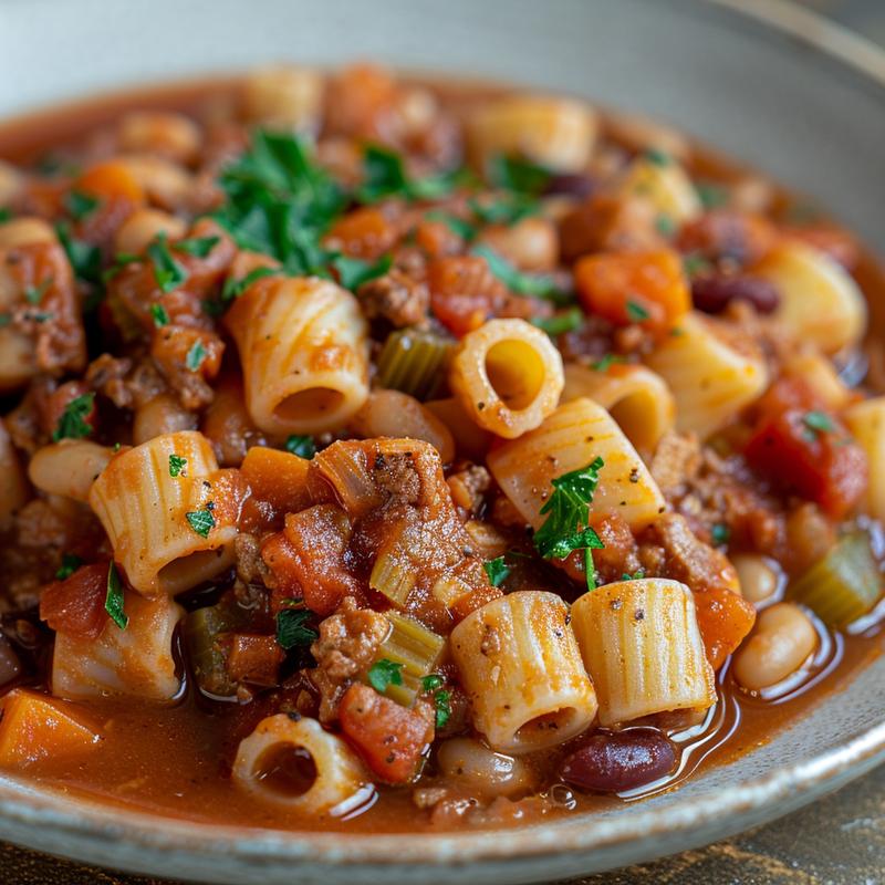 Close-up of a bowl of pasta e fagioli soup with visible beans and pasta pieces.