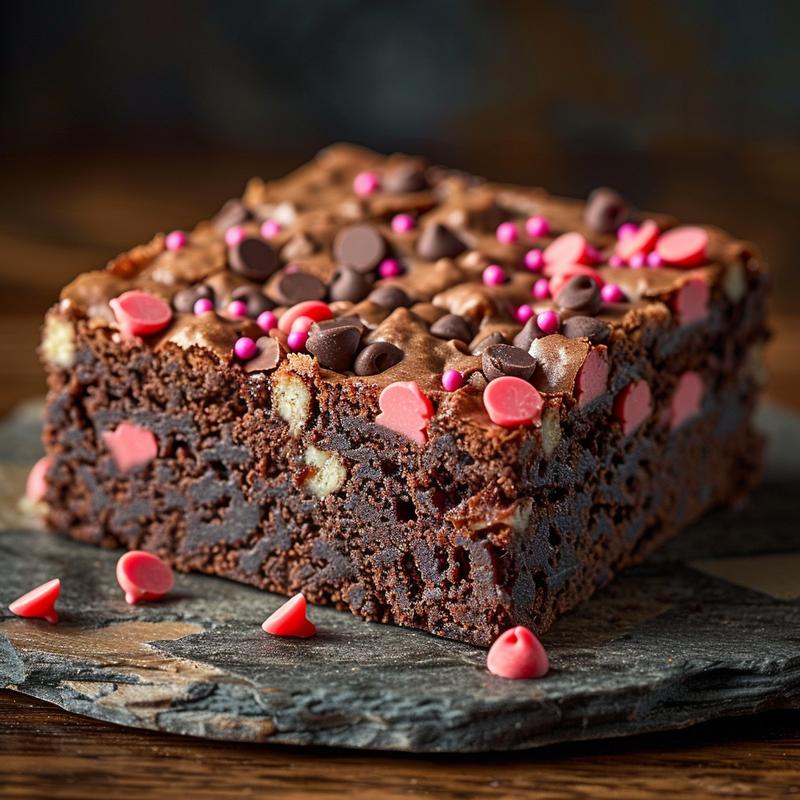 Close-up of a rich, dark brownie square on a slate plate.