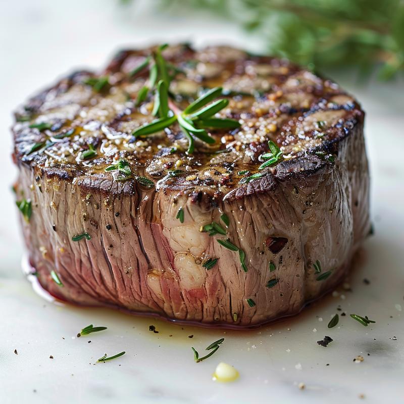 Close-up of a perfectly cooked filet mignon steak on a white marble surface.