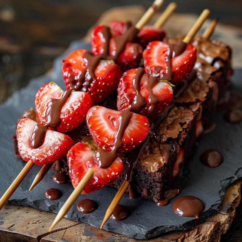 Strawberry brownie kabobs on a chipped slate plate, lit with side-lighting.