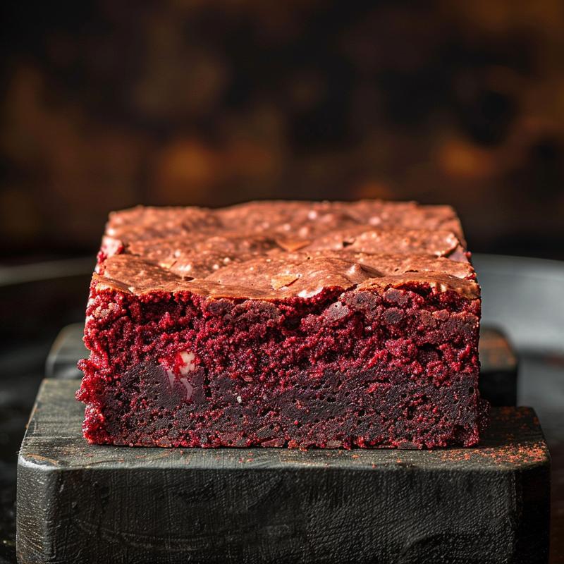 Close-up of rich red velvet brownies on a dark surface.