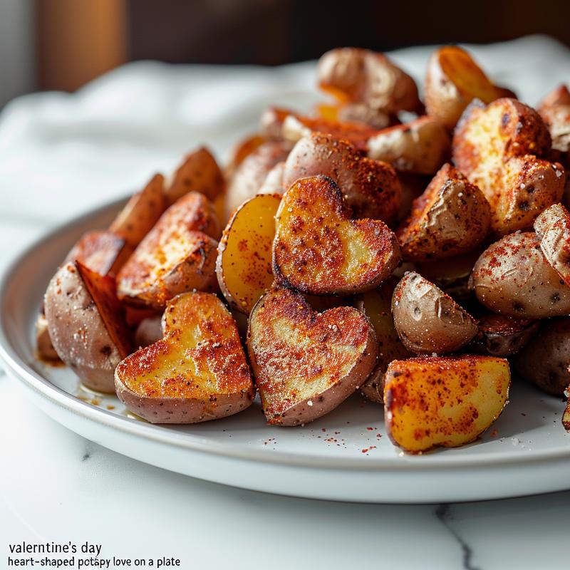 Close-up of heart-shaped air-fried potatoes on white marble.