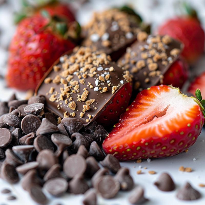 Close-up of chocolate-covered strawberries on marble.