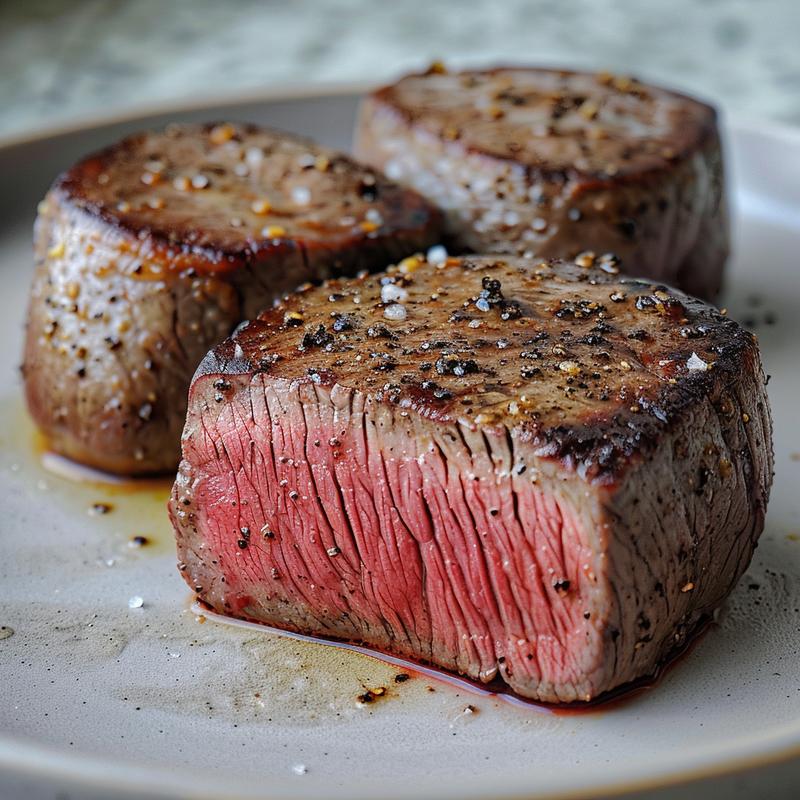 Close-up of a cooked filet mignon steak on a light grey plate.