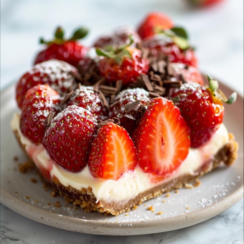 Close-up of cheesecake stuffed strawberry on white marble.