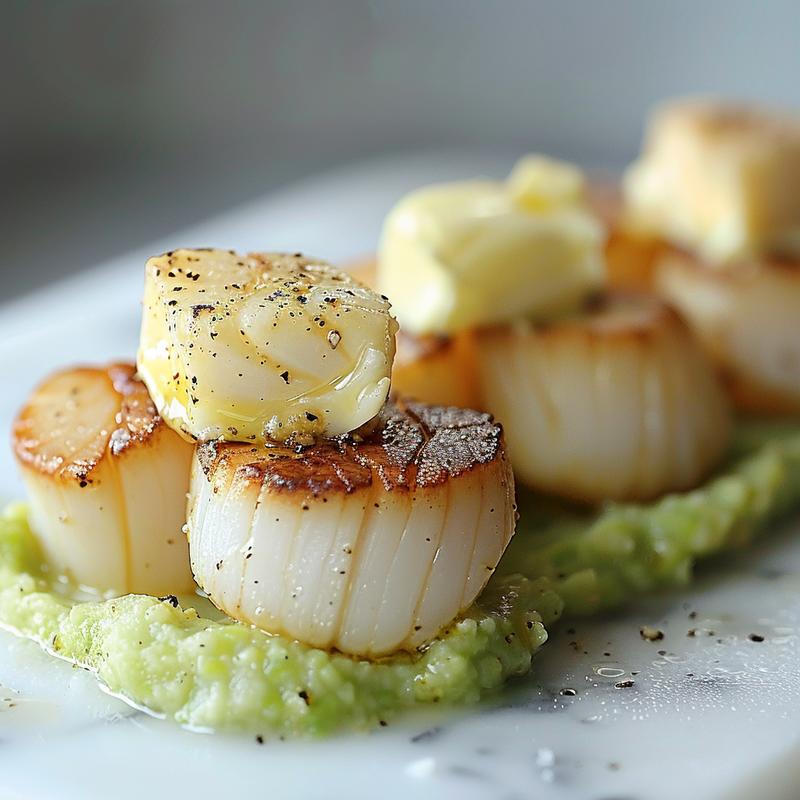 Close-up of garlic butter scallops with green pea purée on a white marble surface.