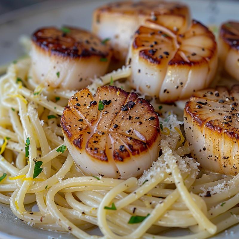 Close-up of seared scallops on garlic pasta.