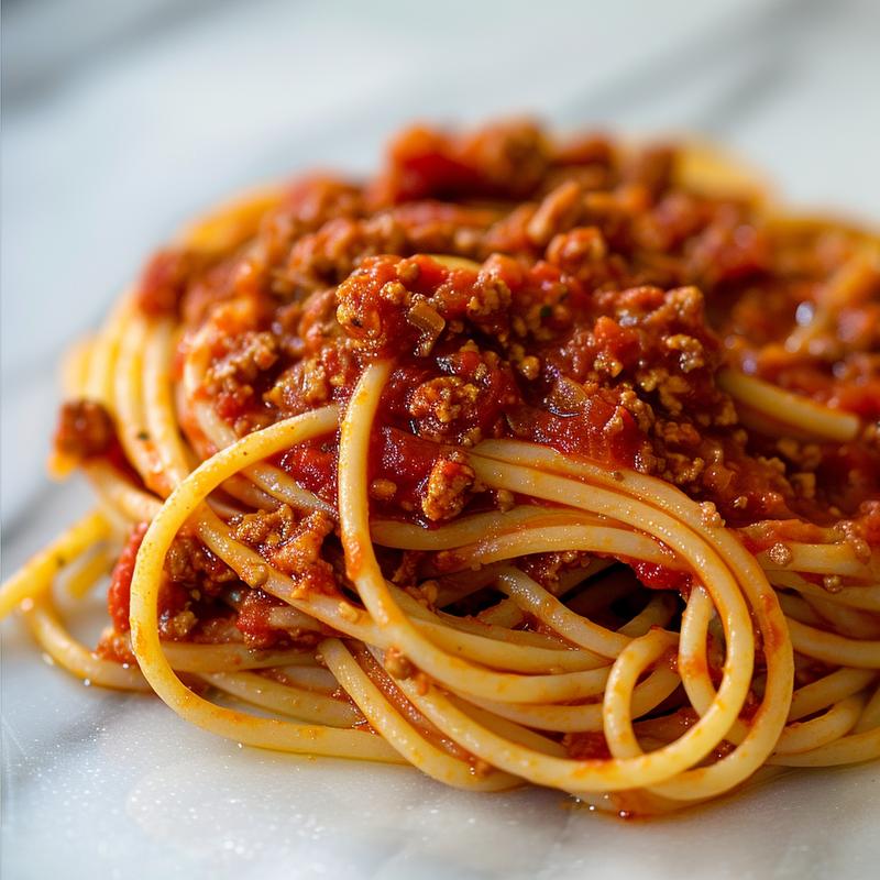 Close-up of rich, red slow cooker spaghetti sauce with visible herbs and textures on a white marble surface.