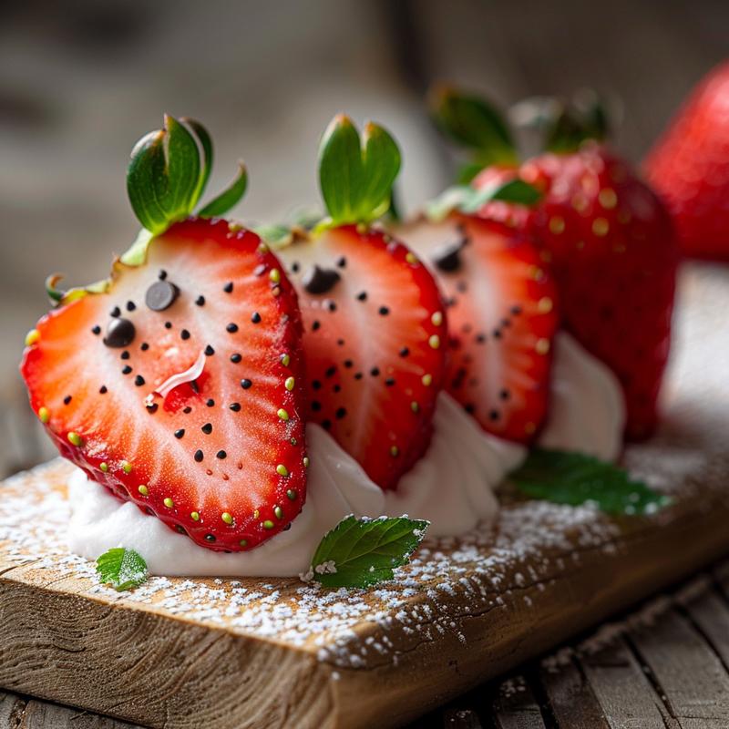 Close-up of strawberry Santas with cream, chocolate chip eyes on a wood board.