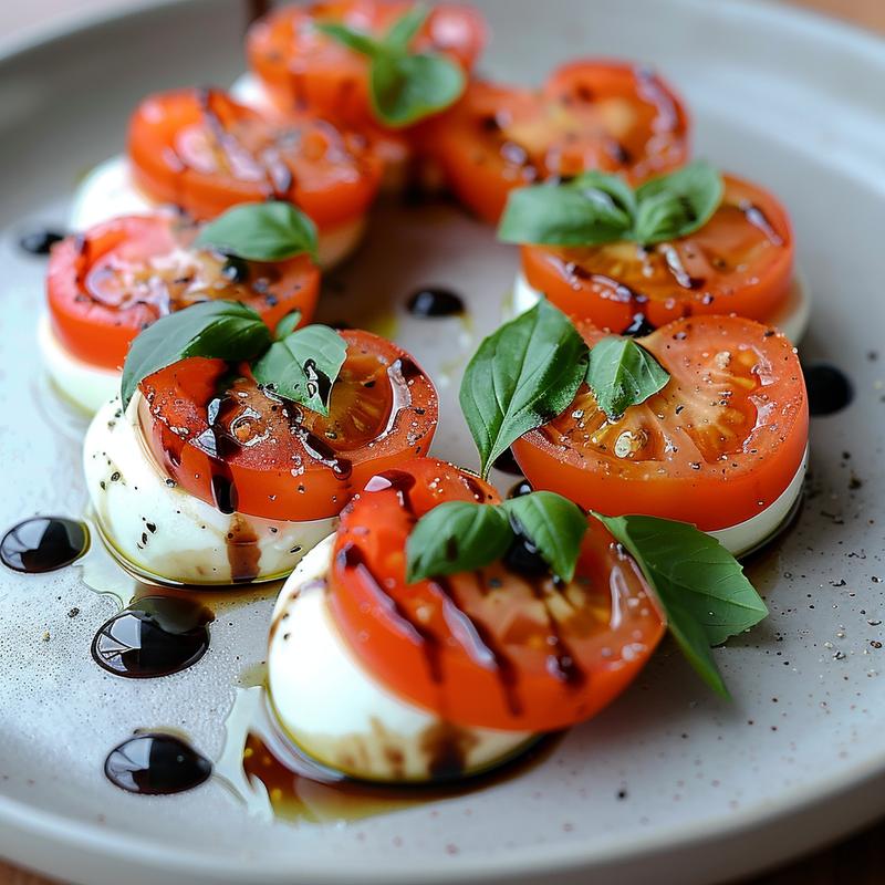 Close-up of a heart-shaped Caprese wreath with tomatoes, mozzarella, and basil.