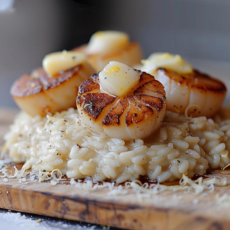 Close-up of creamy parmesan risotto with lemon butter scallops on a light wood board.