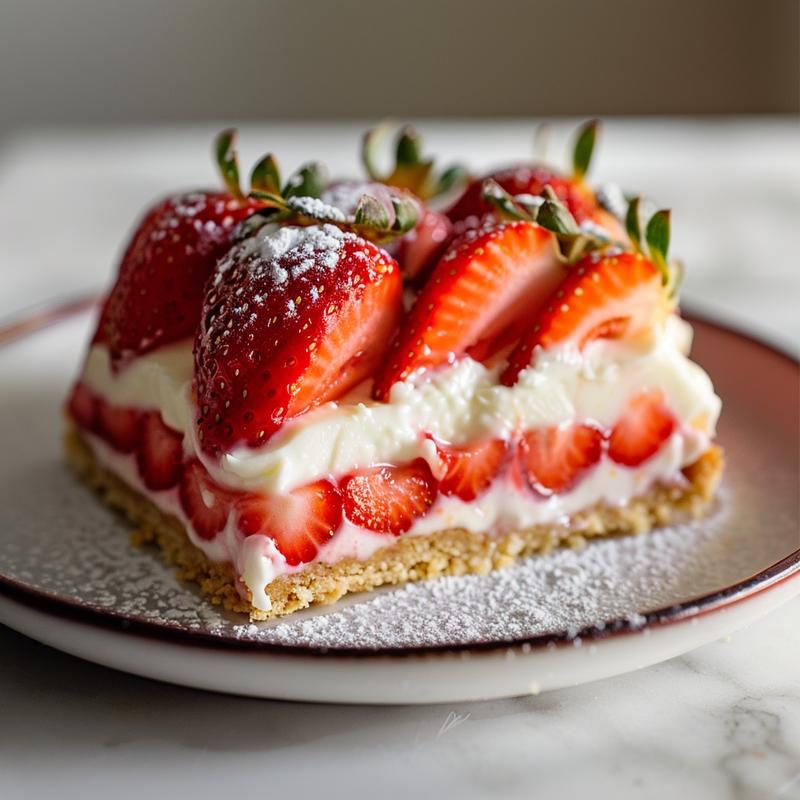 Close-up of cheesecake-stuffed strawberries on a white marble surface.