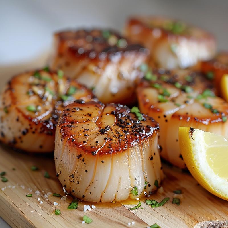 Close-up of golden-brown seared scallops on a light wood board.