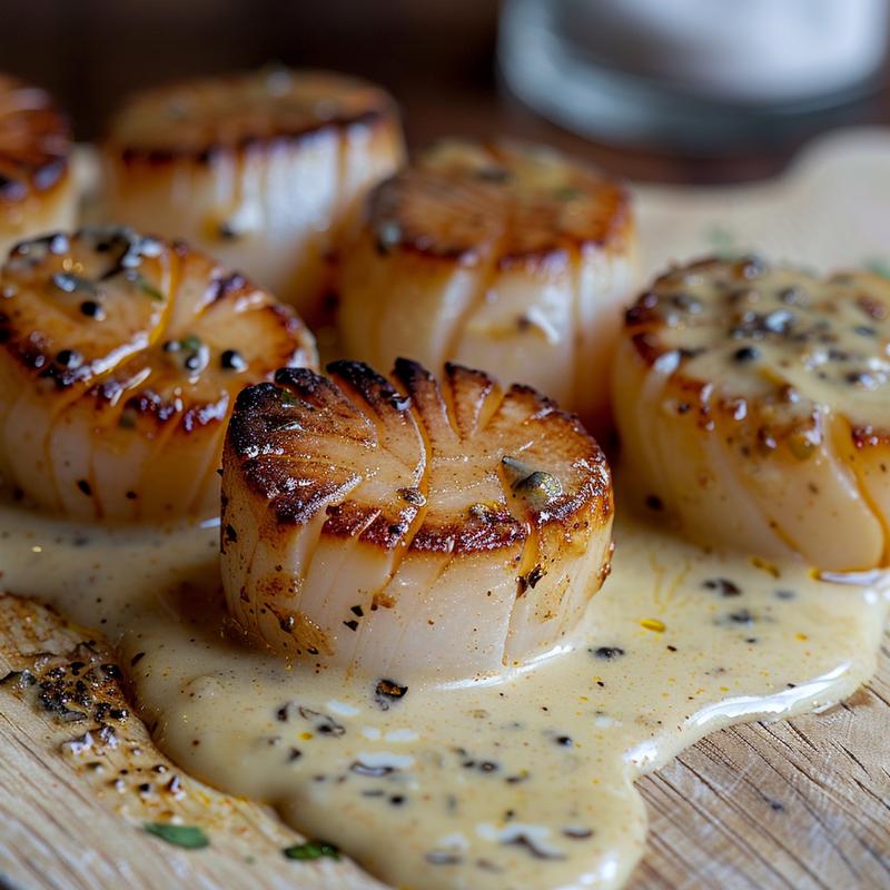 Close-up of seared scallops with creamy Cajun sauce on a wooden board.