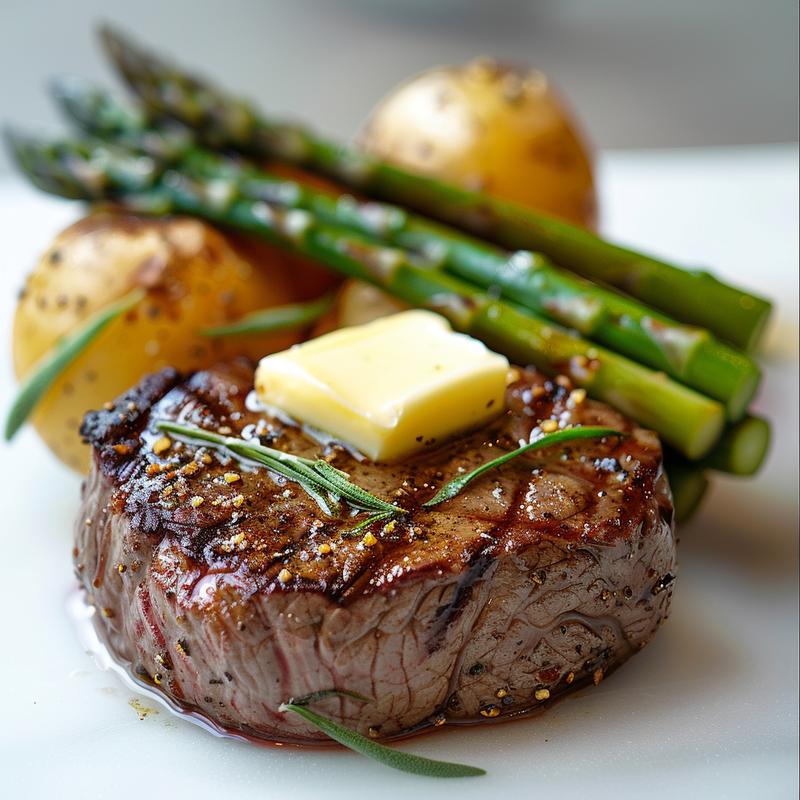 Close-up of steak, asparagus, and potatoes on marble.