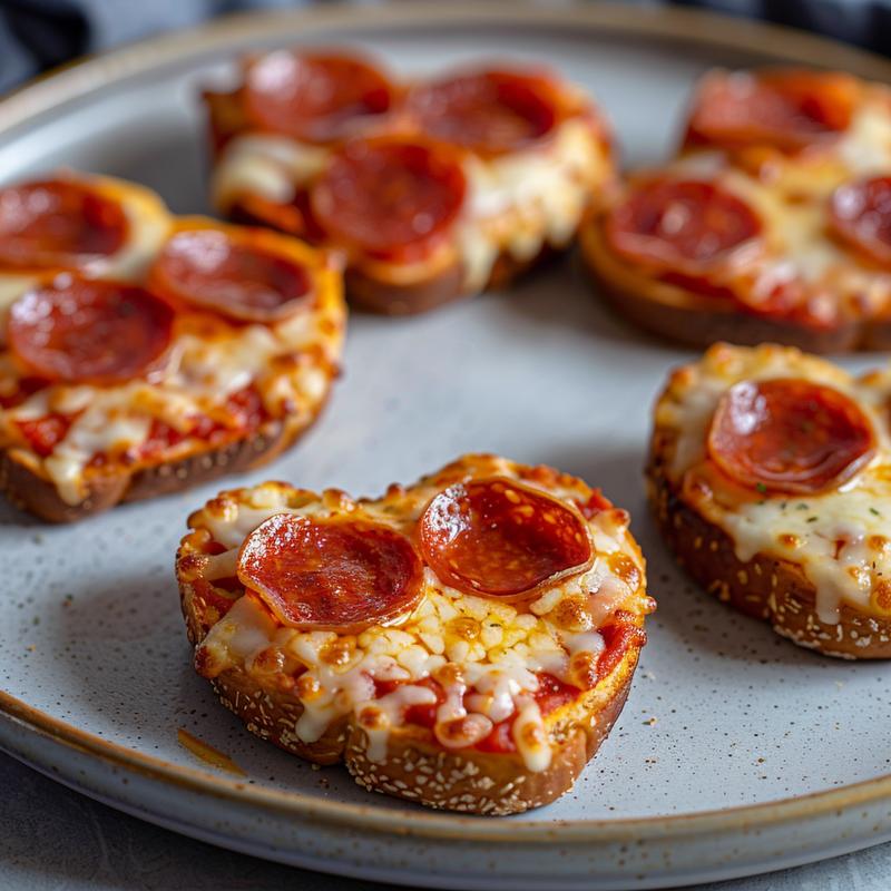 Close-up of heart-shaped mini pizzas with red sauce, mozzarella, and pepperoni on a grey plate.
