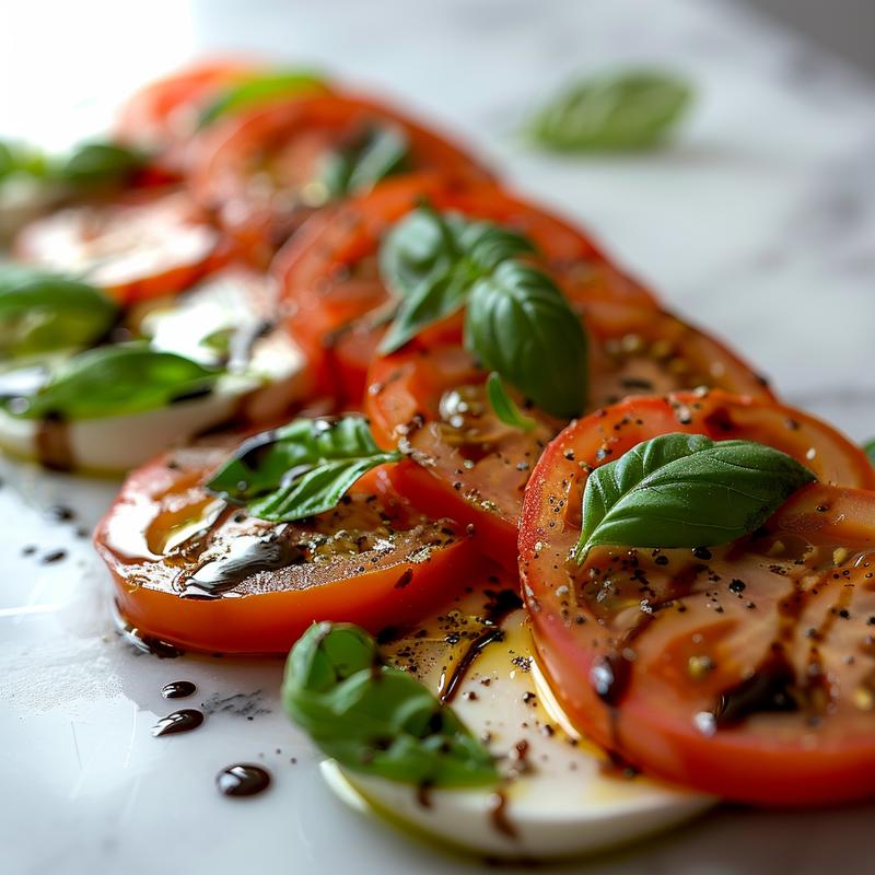 Heart-shaped Caprese salad with tomatoes, mozzarella, and basil on marble.
