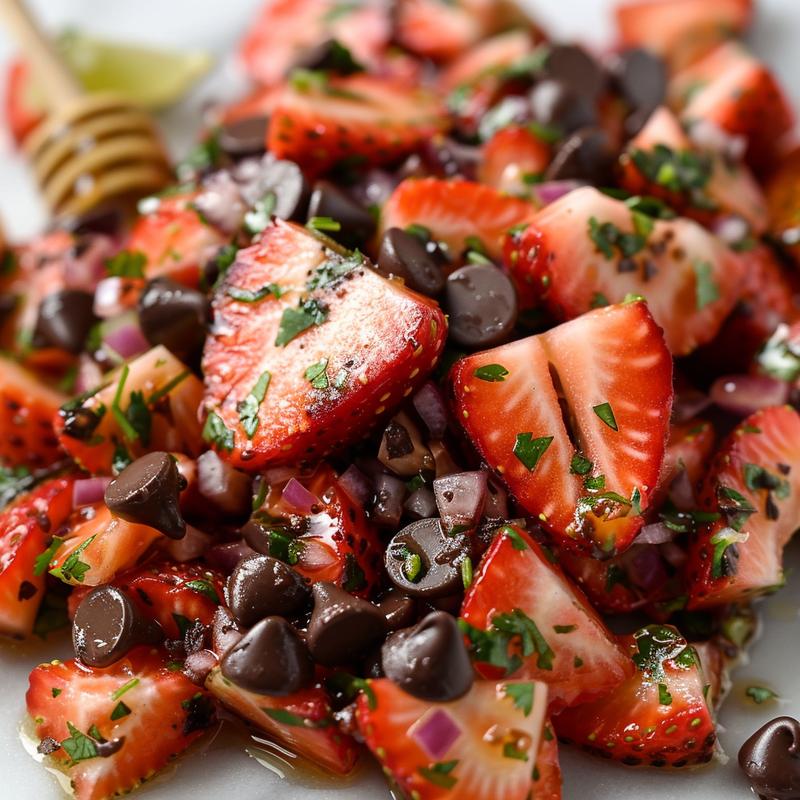 Close-up of strawberry salsa with chocolate chips on white marble.