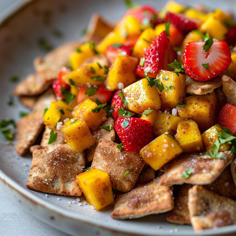 Close-up of fruit salsa with cinnamon pita chips on a grey plate.