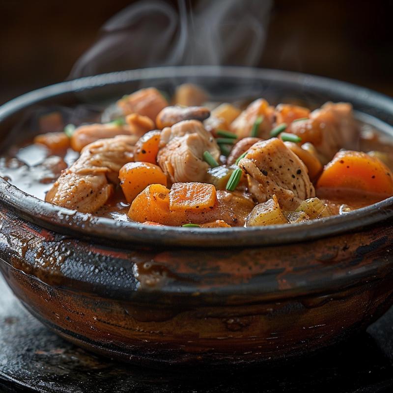 Close-up of a steaming bowl of chicken stew with vegetables on a rustic cast iron surface.