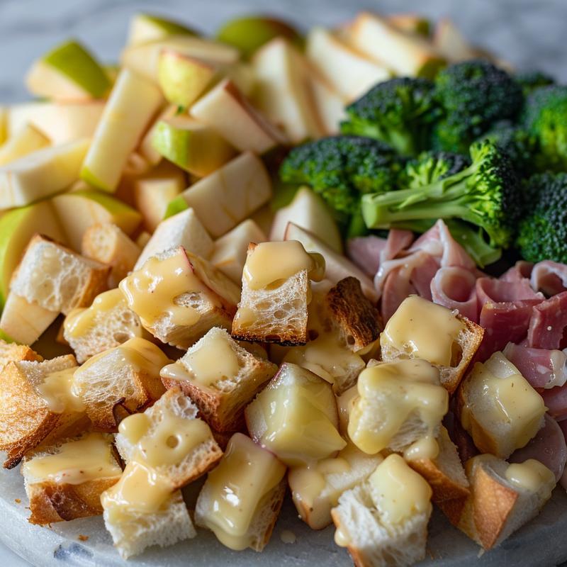 Close-up of cheese fondue dippers: bread, apple, pear, broccoli, and ham.