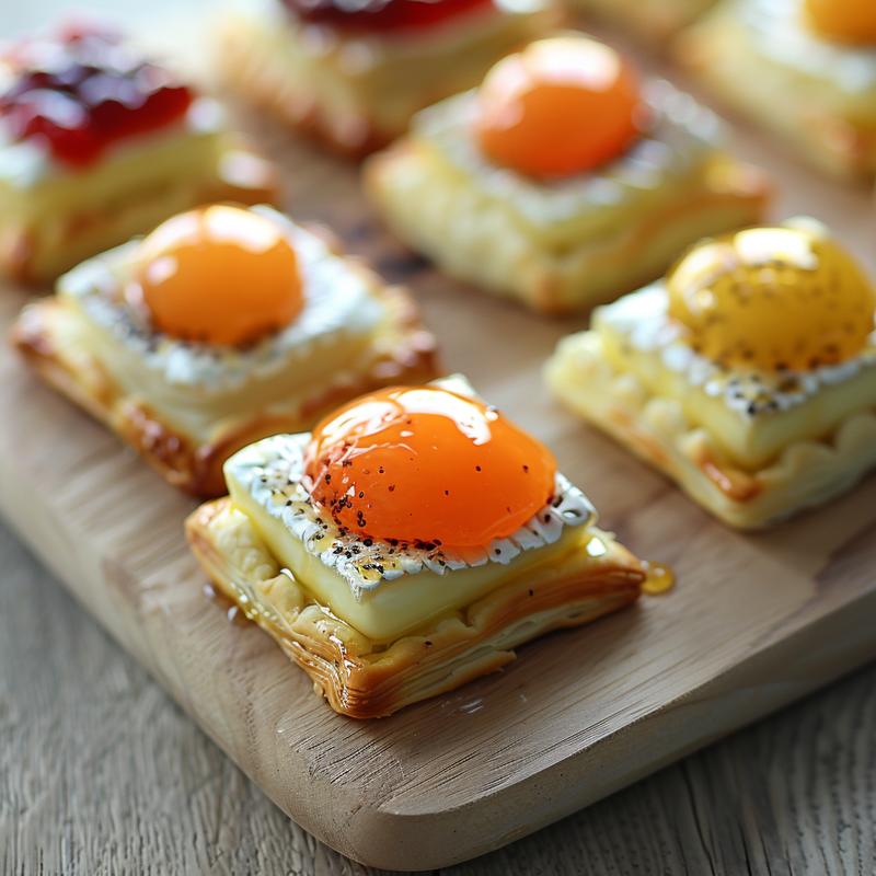 Close-up of golden-brown brie cheese bites on a light wood board.