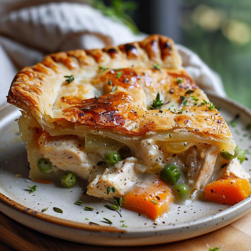 Close-up of a slice of chicken pot pie on a wood board, showcasing flaky crust and filling.