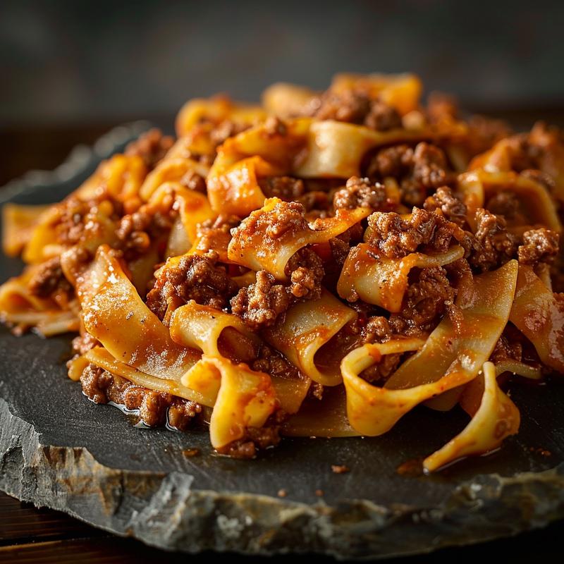 Close-up of a portion of ground beef pasta on a rustic slate plate, showcasing rich colors and textures.