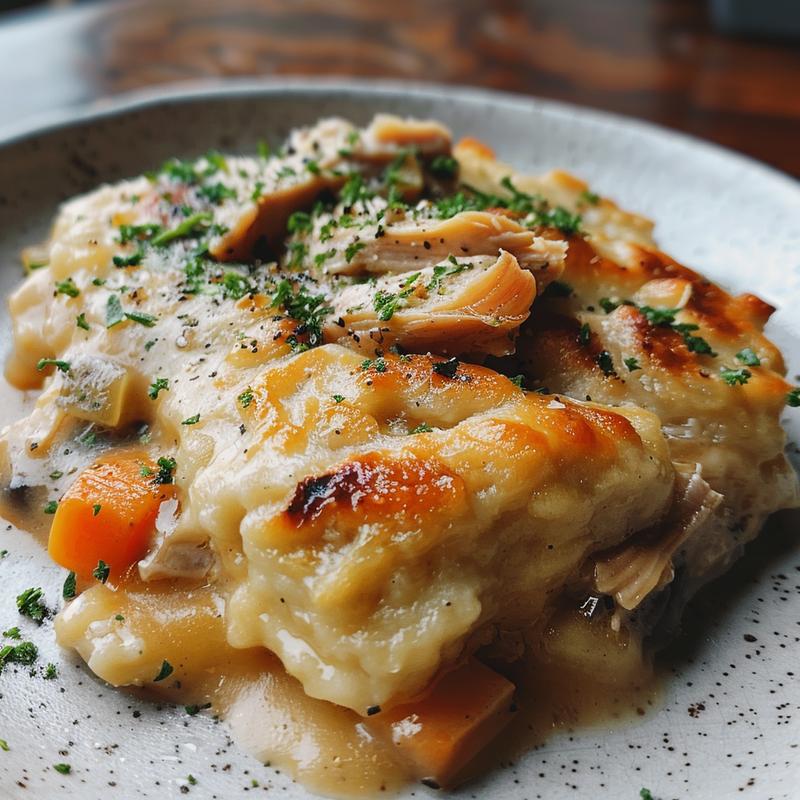 Close-up of slow cooker chicken and dumplings on a light grey ceramic plate.
