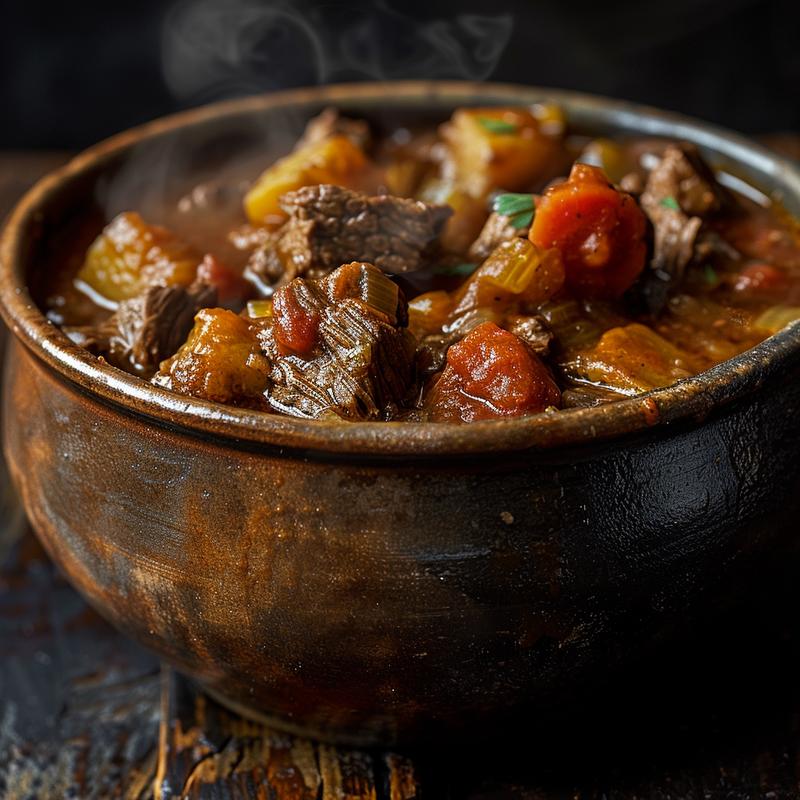 A close-up shot of steaming beef stew in a rustic bowl on a wooden table.