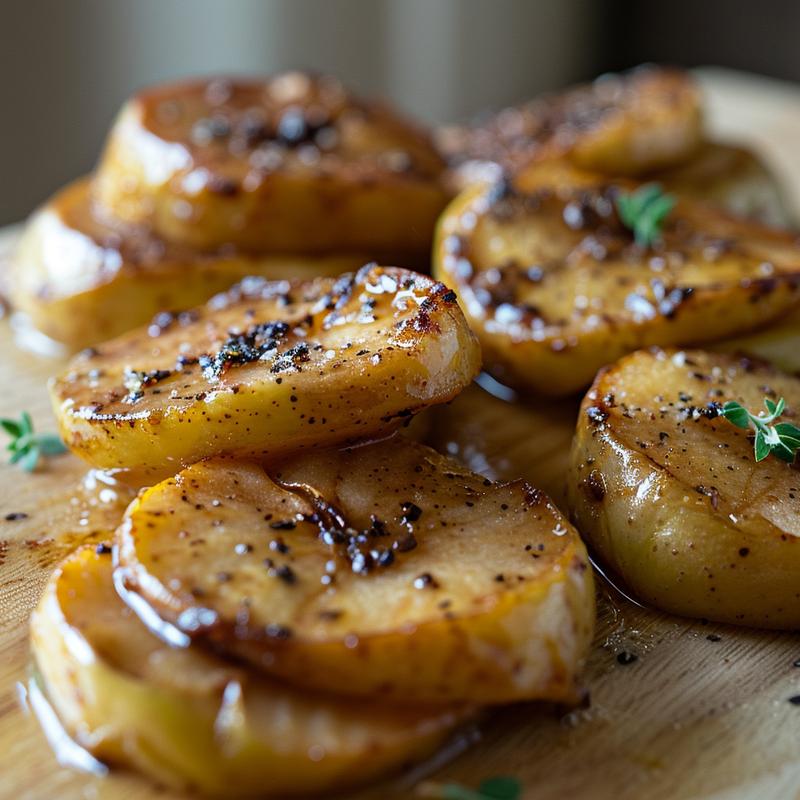 Close-up of a serving of crockpot baked apples on a wooden board, showcasing their caramelized texture.
