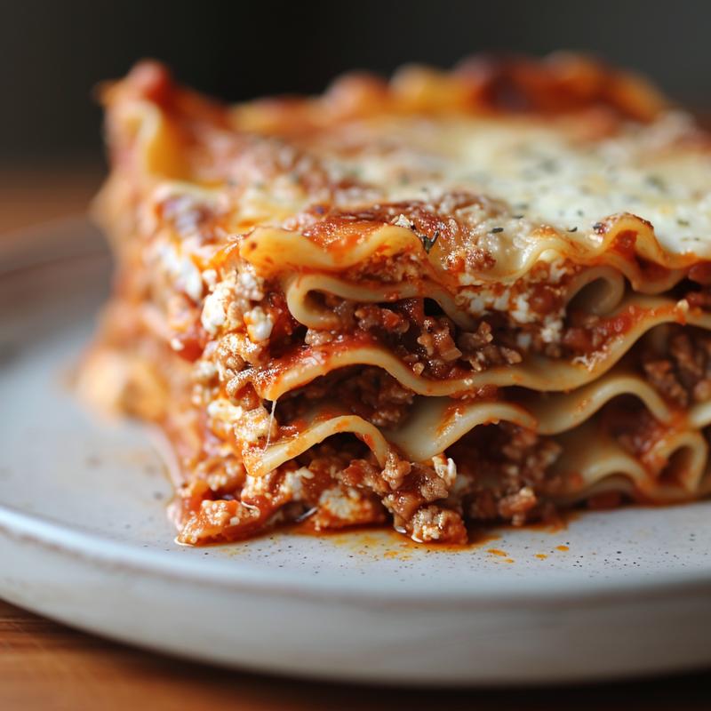 Close-up of a richly layered portion of lasagna al forno on a light grey ceramic plate.
