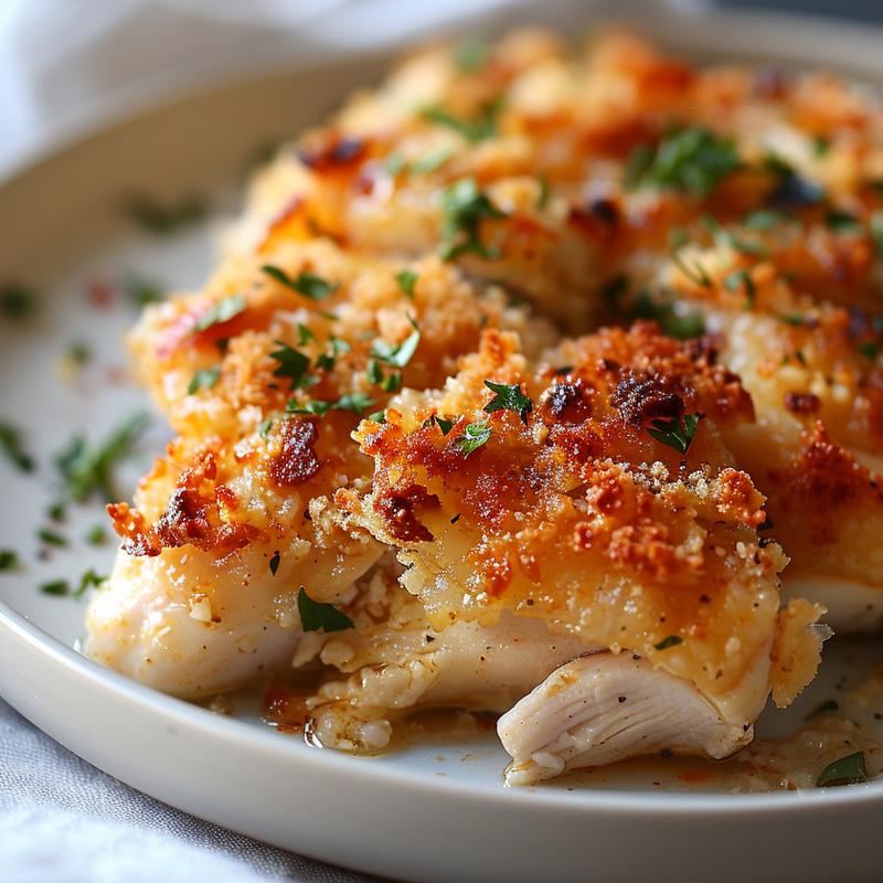 Close-up of a delicious portion of dump bake chicken on a grey ceramic plate.