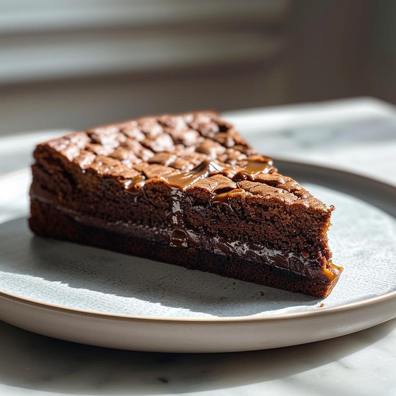 Close-up of a moist slice of chocolate caramel cake on a light grey ceramic plate.