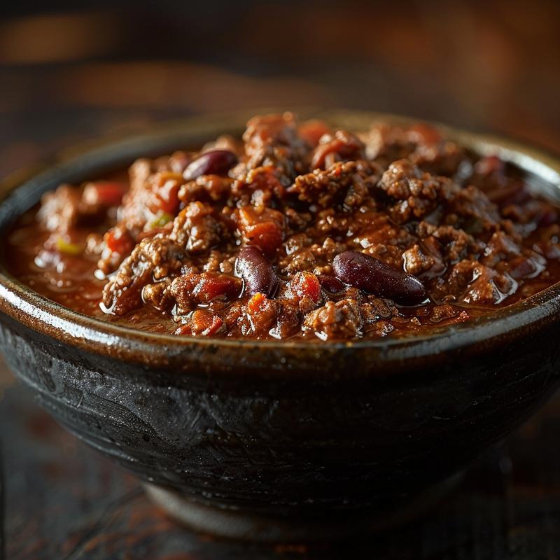 Close-up of a bowl of slow cooker beef chili with a rich texture on a dark wooden table.