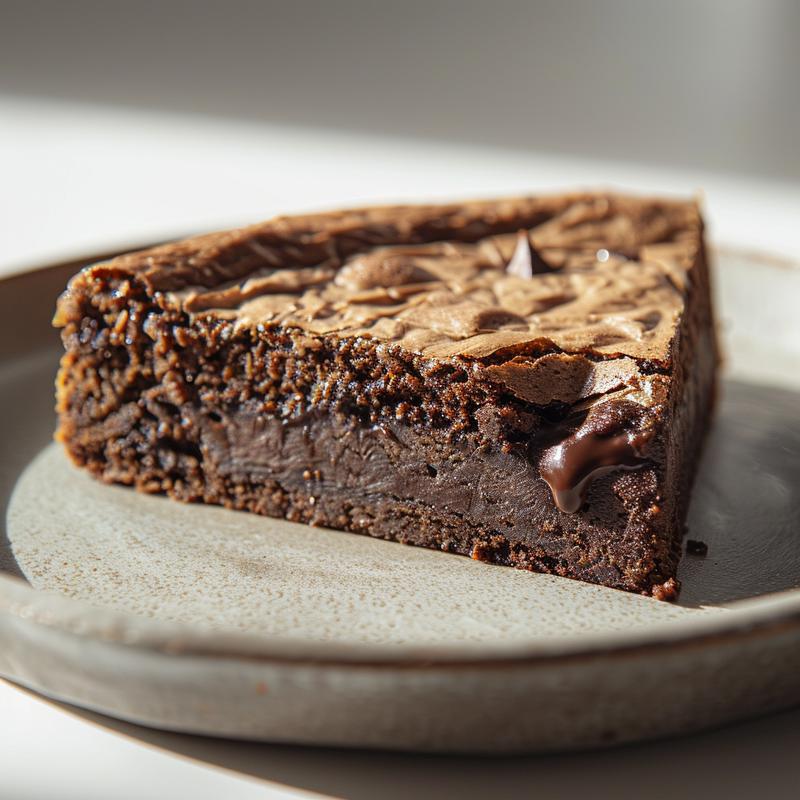 A close-up of a slice of chocolate lava cake on a light grey ceramic plate, showcasing its rich, molten center.