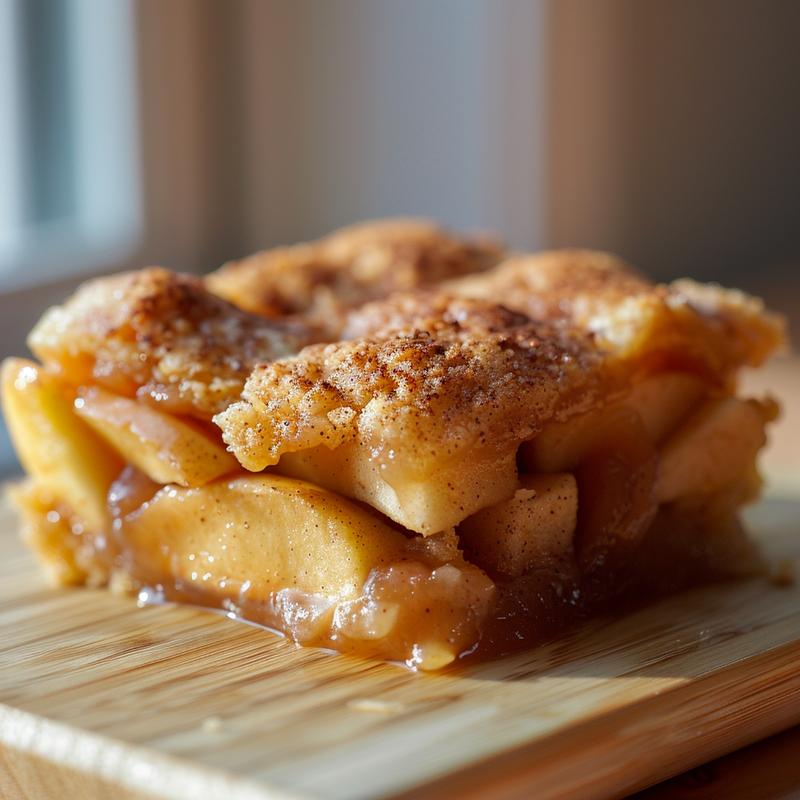 Close-up of warm apple cobbler with a cinnamon sprinkle on a wooden board.