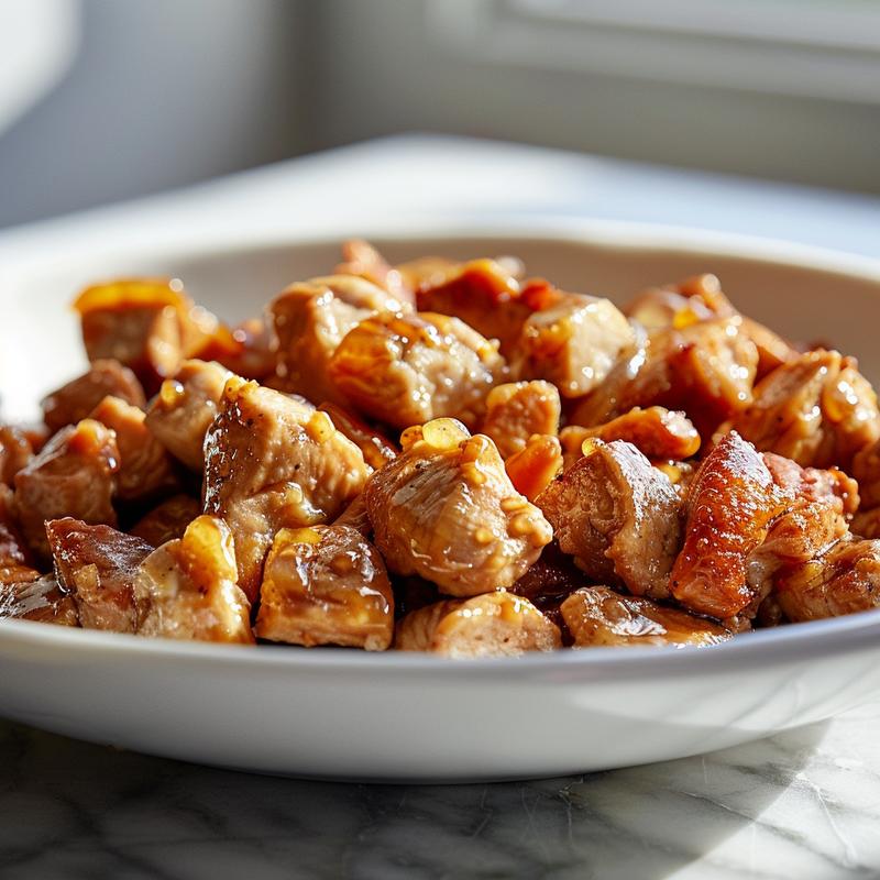 A close-up view of golden honey garlic chicken, with a glossy glaze, sitting on a white marble counter.