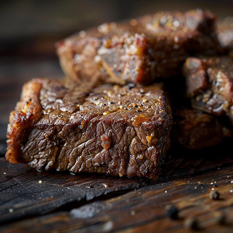 Close-up of juicy keto crockpot pork chops on a dark wooden table with dramatic lighting.