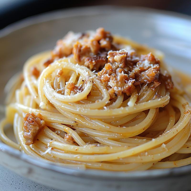 Close-up view of a delicious portion of million dollar spaghetti on a grey plate.