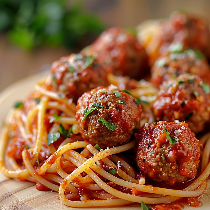 A close-up view of a delicious serving of spaghetti and meatballs on a wooden board, showcasing rich tomato sauce and herbs.