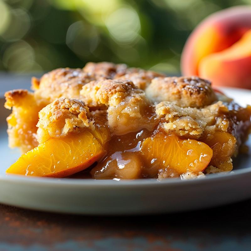 Close-up of a delicious portion of peach cobbler on a light grey plate with natural lighting.