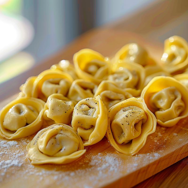 Close-up view of homemade tortellini arranged on a light wood board.